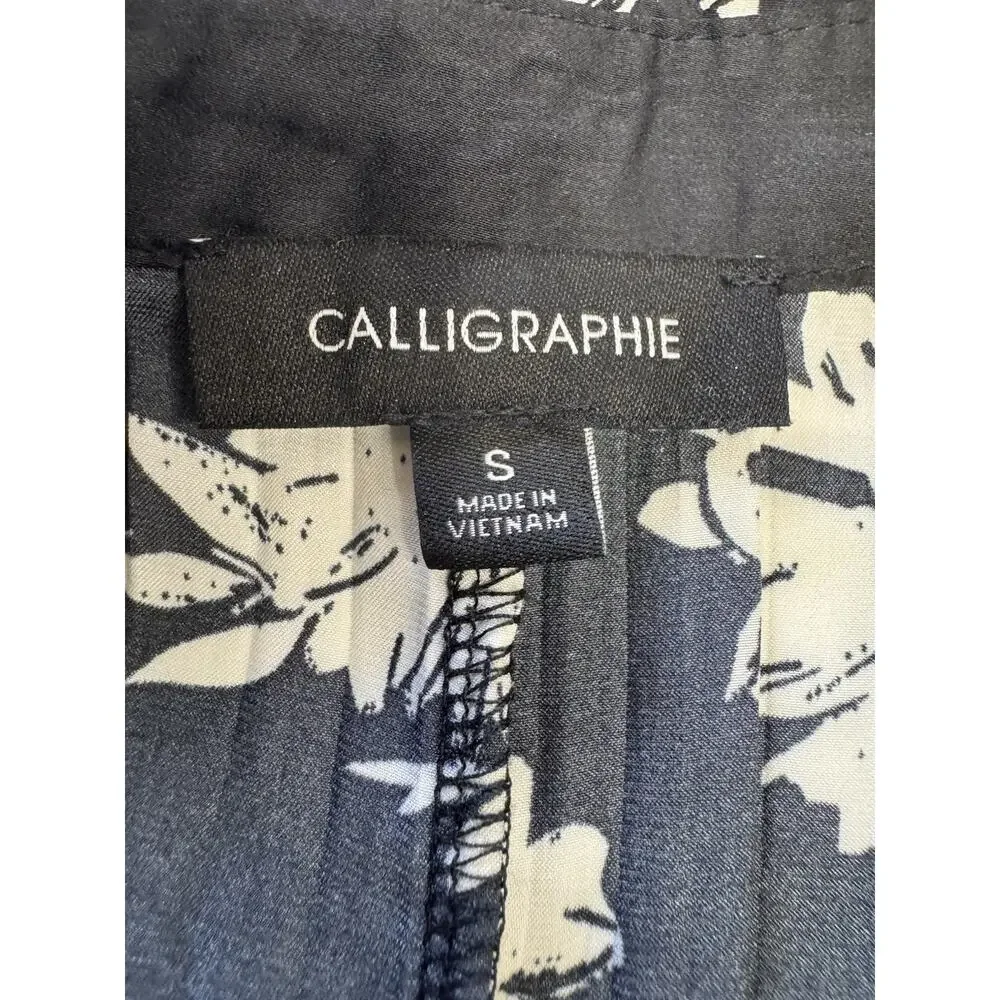 Calligraphie Womens Sz S Black Floral Short Sleeve Tie Front Tunic Top Shirt